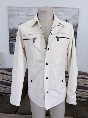 Men's Cream Button-Front/Zip-up Leather Jacket with Zippers